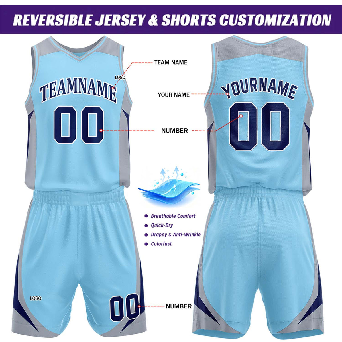 Custom Light Blue & Grey Reversible Basketball Jersey Short Set | Personalized Team Uniforms Set for Adult Youth