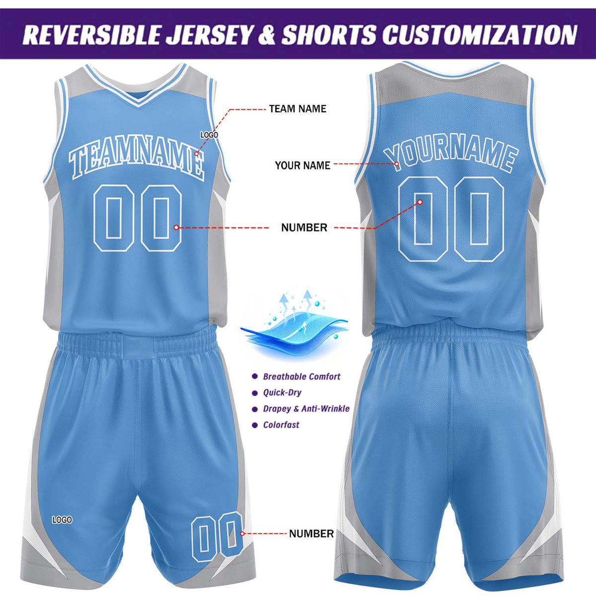 Custom Light Blue & Grey Reversible Basketball Jersey Short Set | Personalized Team Uniforms Set for Adult Youth