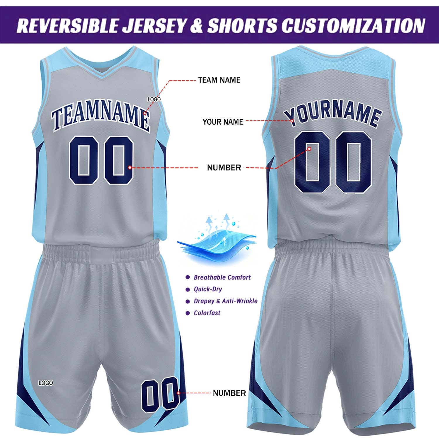 Custom Light Blue & Grey Reversible Basketball Jersey Short Set | Personalized Team Uniforms Set for Adult Youth