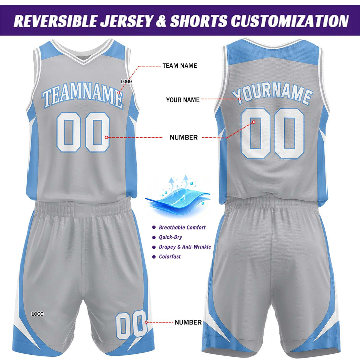 Custom Light Blue & Grey Reversible Basketball Jersey Short Set | Personalized Team Uniforms Set for Adult Youth