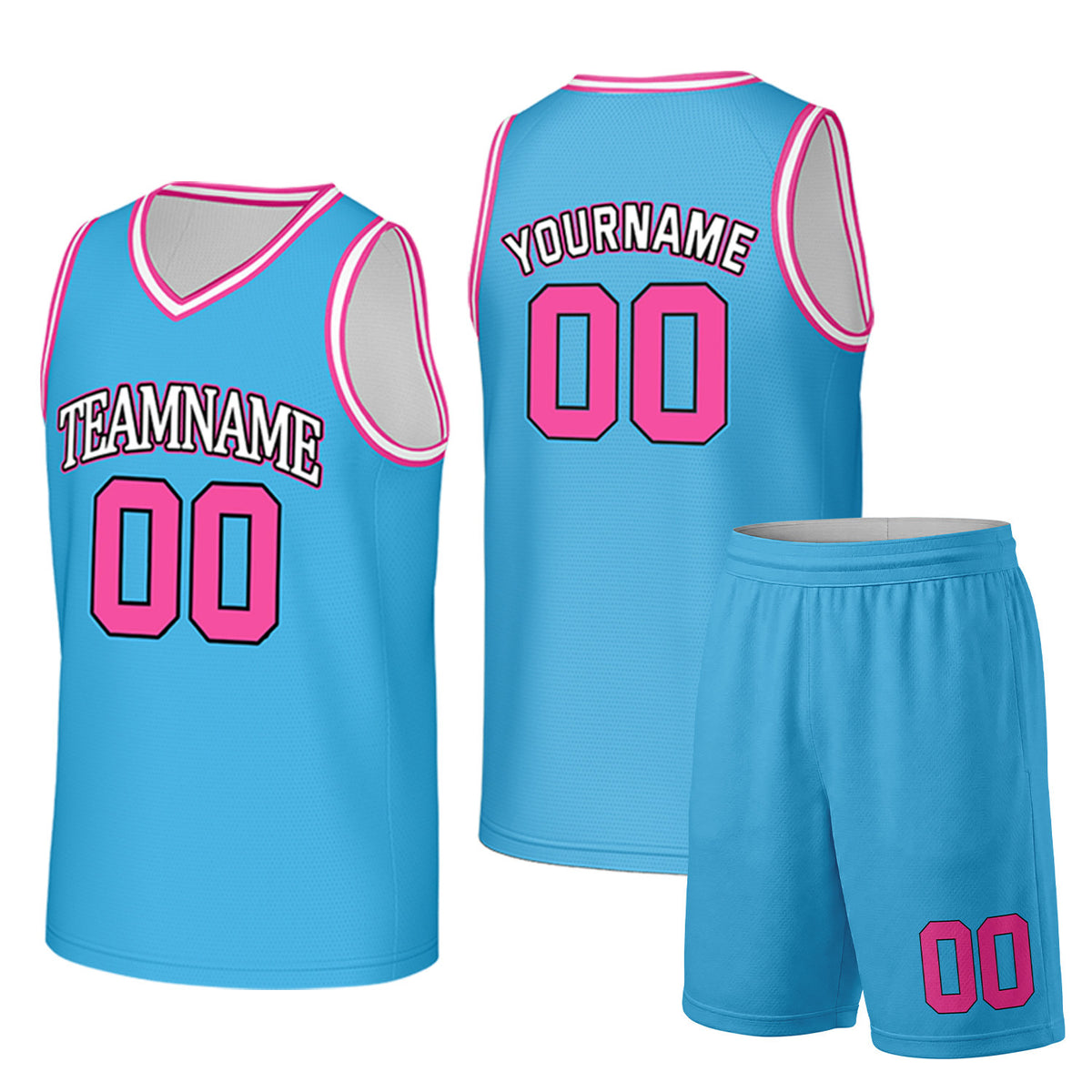 Custom light blue and hot pink basketball uniform set by Vosoli. Personalized team name, player name, number and logo. Breathable mesh jersey and shorts for high school, college and AAU teams.