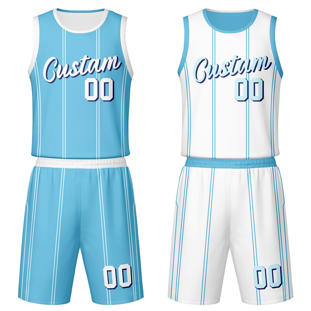 Custom light blue & white vertical‑stripe reversible basketball jersey set with shorts by Vosoli | Personalized team name, number & logo | Breathable mesh sport jersey uniform