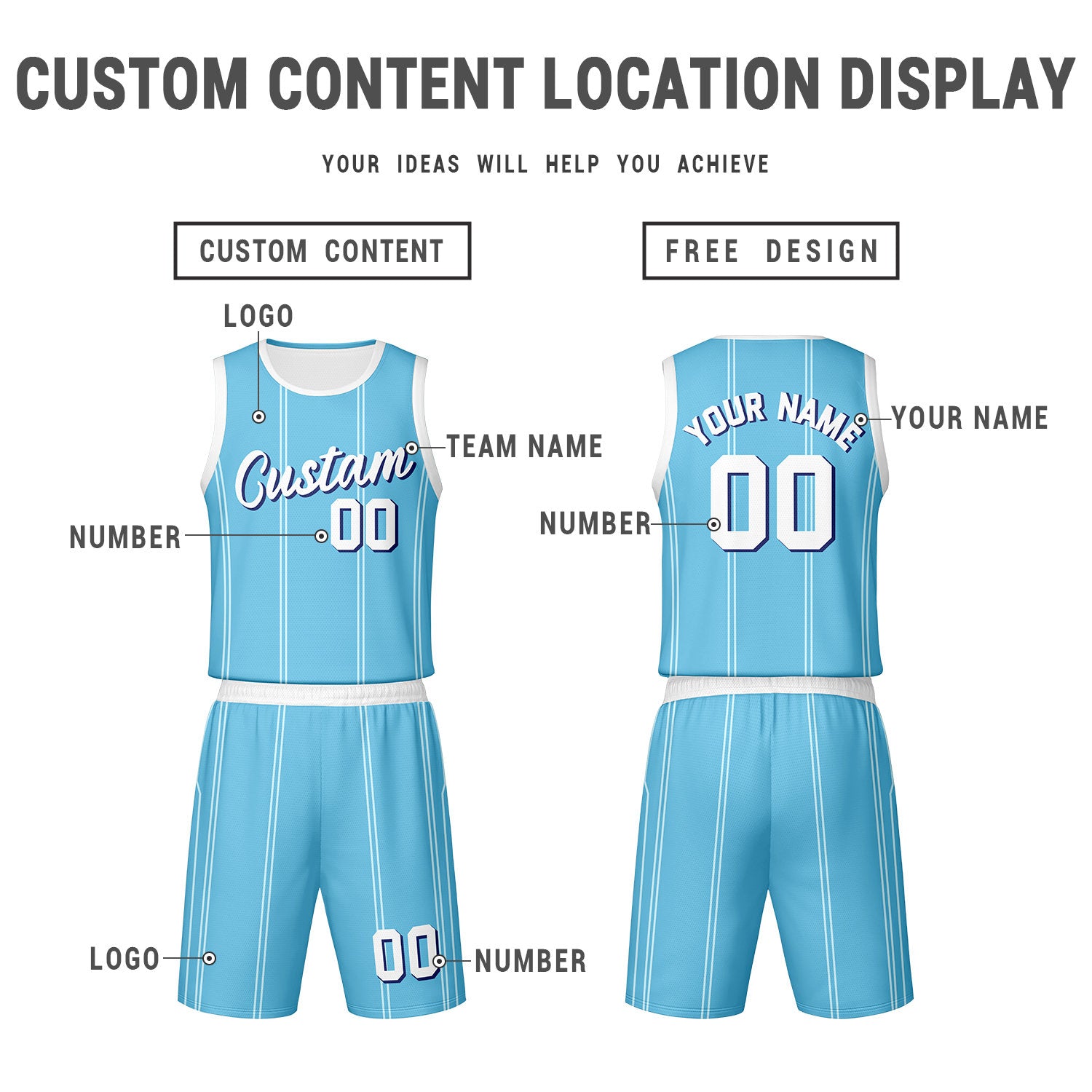 Custom Light Blue White  Reversible Basketball Jersey Set | Personalized Name Number Mesh Sports Uniform