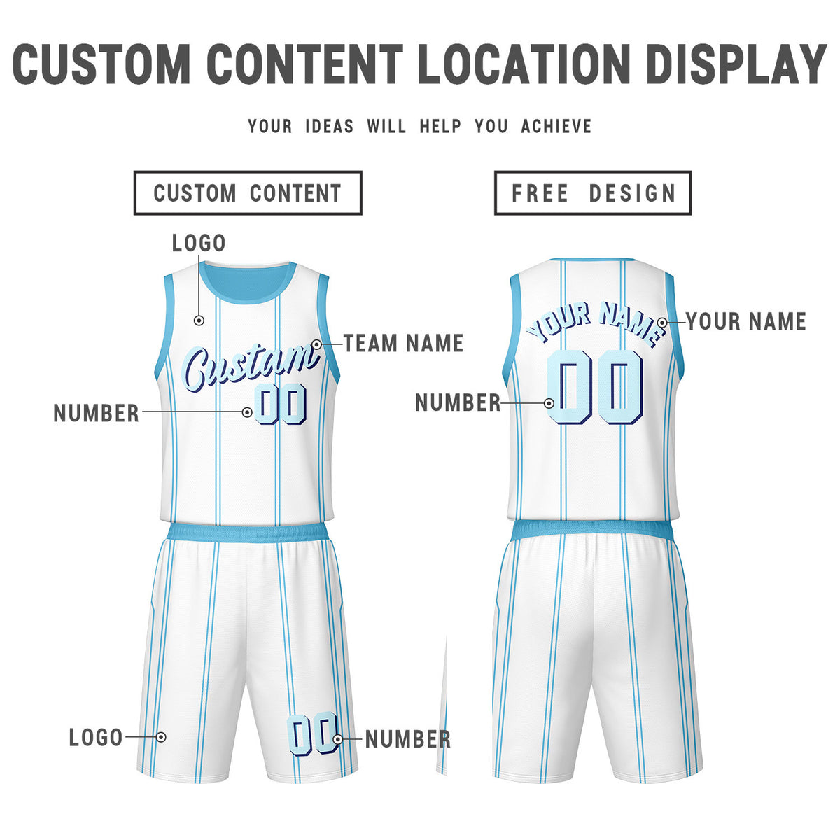 Custom Light Blue White  Reversible Basketball Jersey Set | Personalized Name Number Mesh Sports Uniform