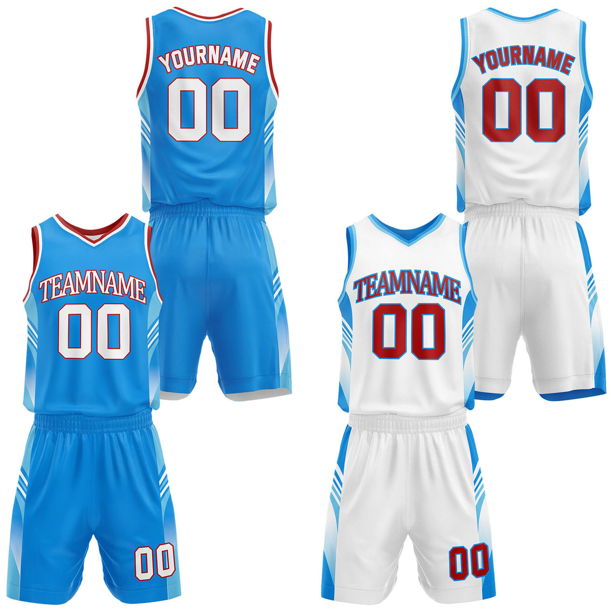 Custom light blue and white reversible basketball uniform by Vosoli. Personalized with team name, number, and logo. Breathable mesh jersey and shorts for high school, college, AAU teams.