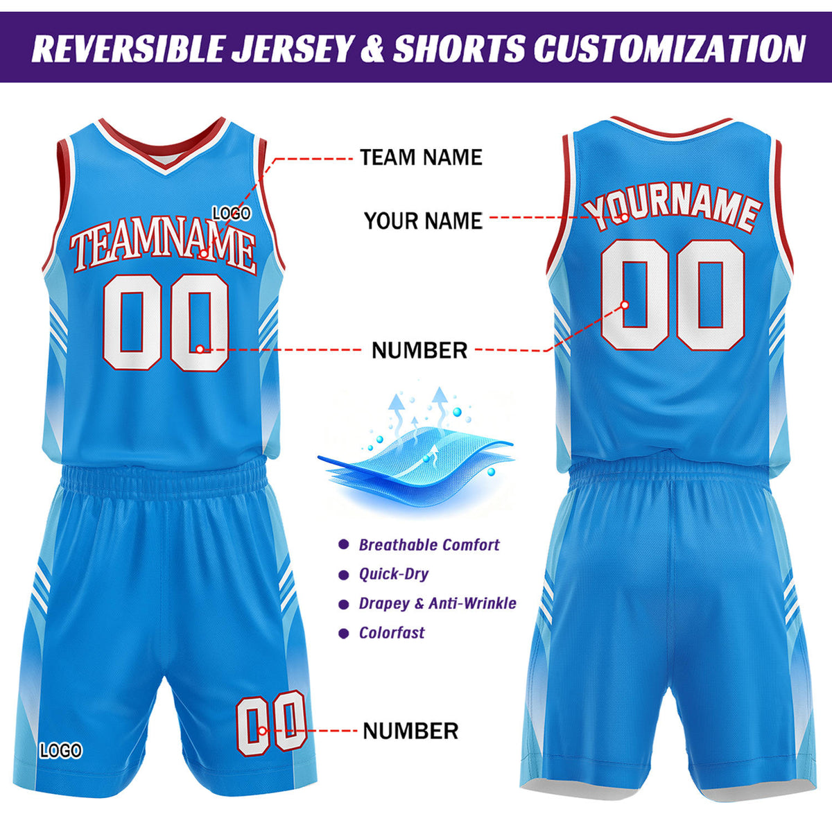 Custom Light Blue & White Reversible Basketball Uniform Set | Personalized Team Jersey Kit