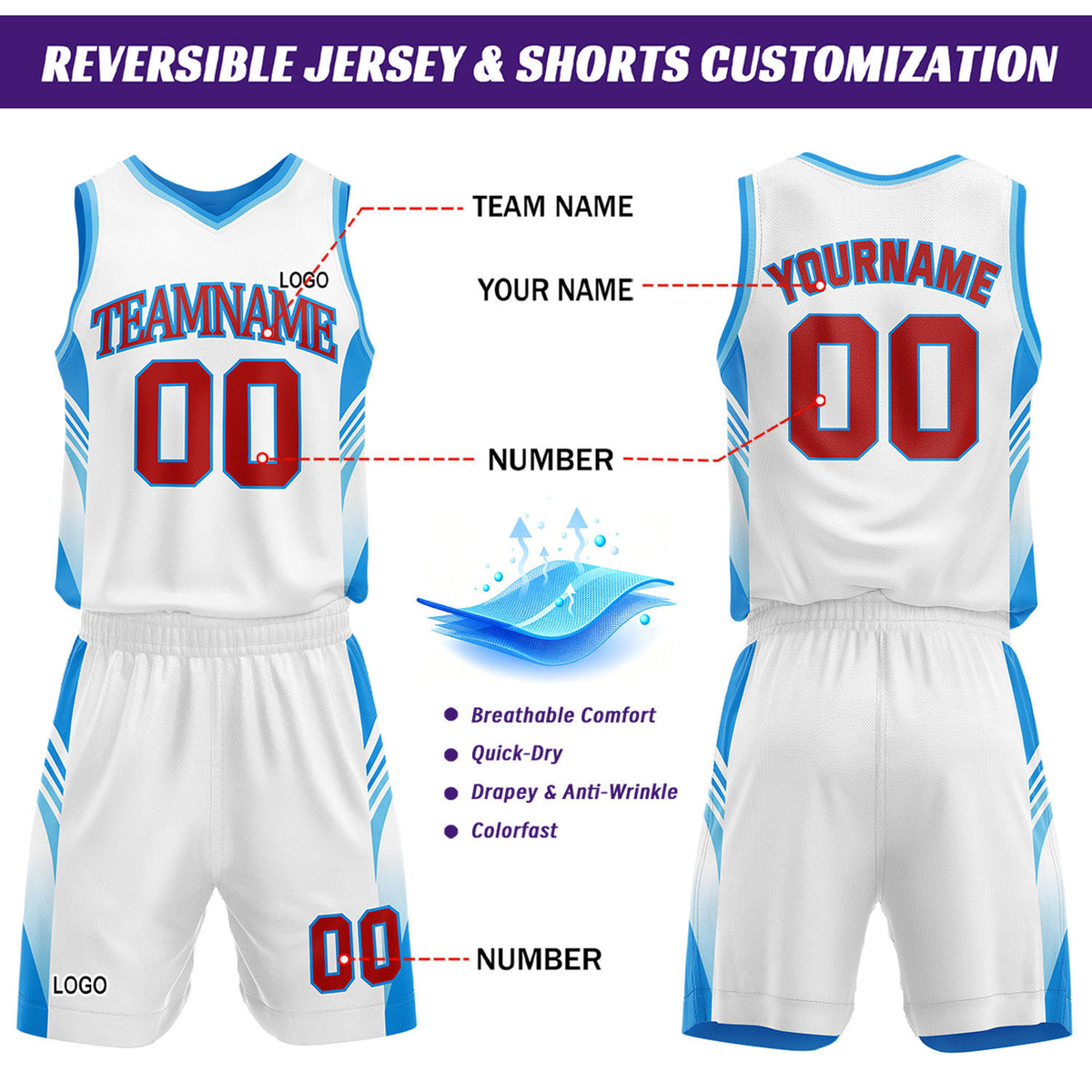 Custom Light Blue & White Reversible Basketball Uniform Set | Personalized Team Jersey Kit