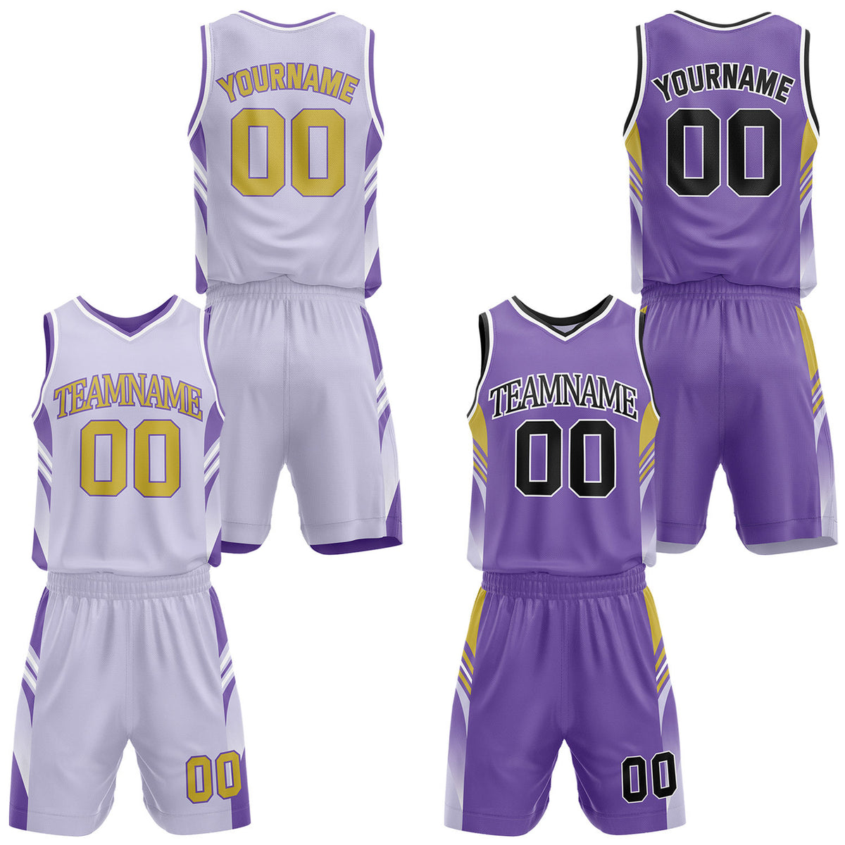 Custom light purple and purple reversible basketball uniform by Vosoli. Personalized with team name, number, and logo. Breathable mesh jersey and shorts for high school, college, AAU teams.