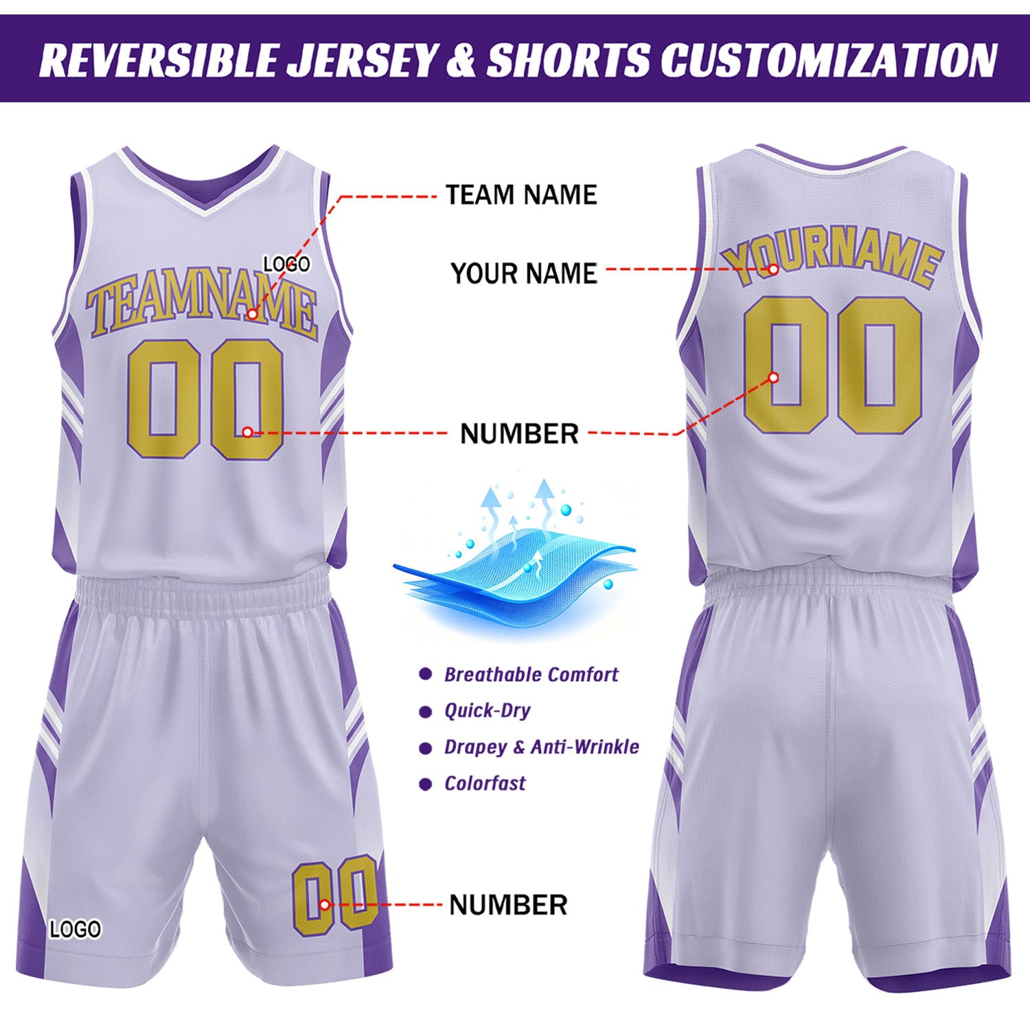 Custom Light Purple & Purple Reversible Basketball Uniform Set | Personalized Team Jersey Kit