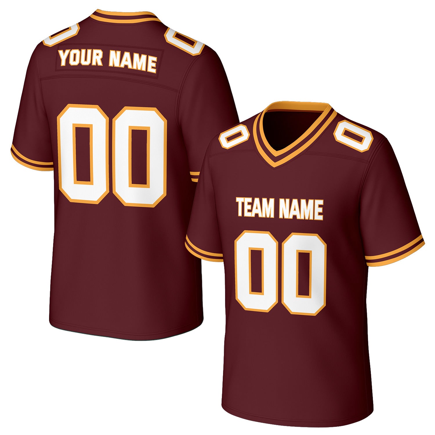 Custom maroon & gold football jersey by Vosoli. Personalized with team name, number, and logo. Breathable mesh jersey for high school, college, football teams.