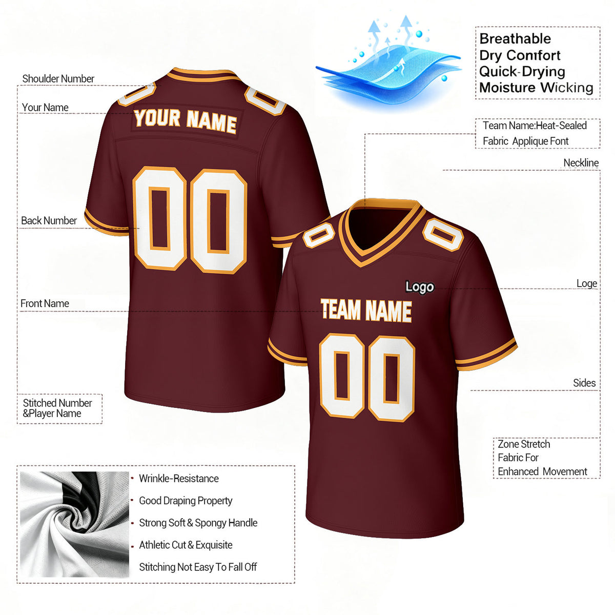 Custom Maroon & Gold Football Jersey | Personalized Football Team Uniform Top