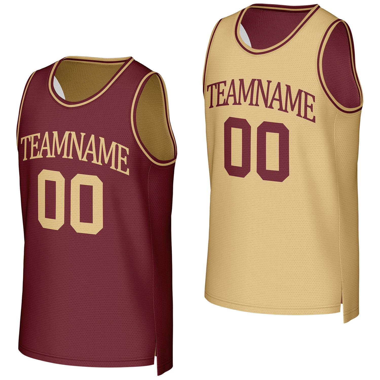 Custom maroon & gold reversible basketball jersey by Vosoli. Personalized with team name, number, and logo. Breathable mesh jersey for high school, college, AAU teams.