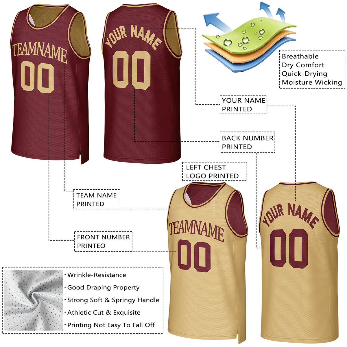 Custom Maroon & Gold Reversible Basketball Jersey | Personalized Team Uniform Top