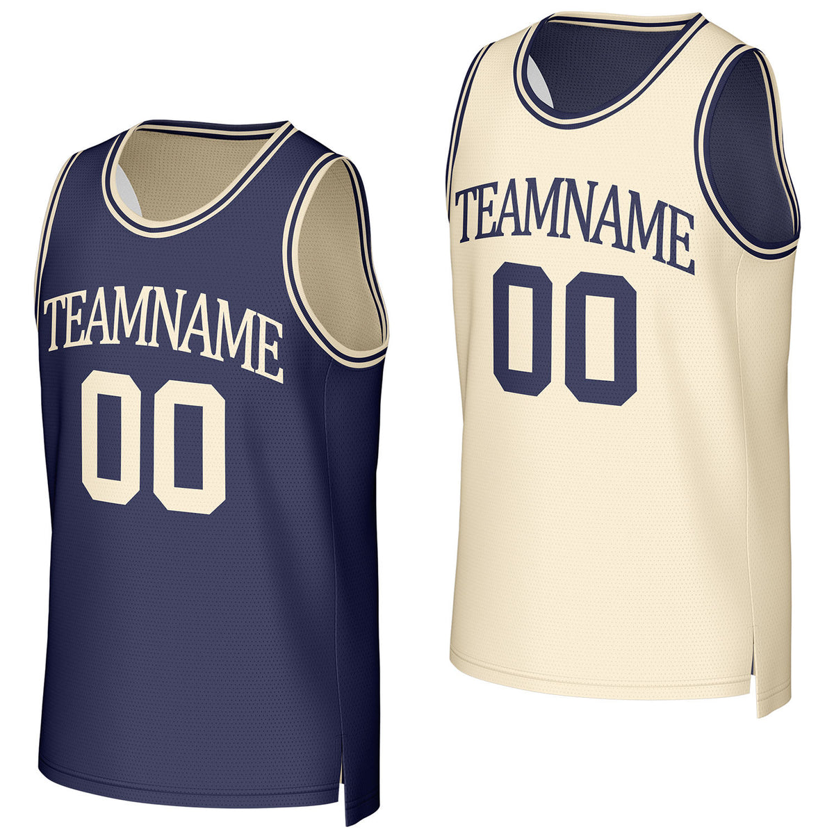 Custom navy &amp; cream reversible basketball jersey by Vosoli. Personalized with team name, number, and logo. Breathable mesh jersey for high school, college, AAU teams.
