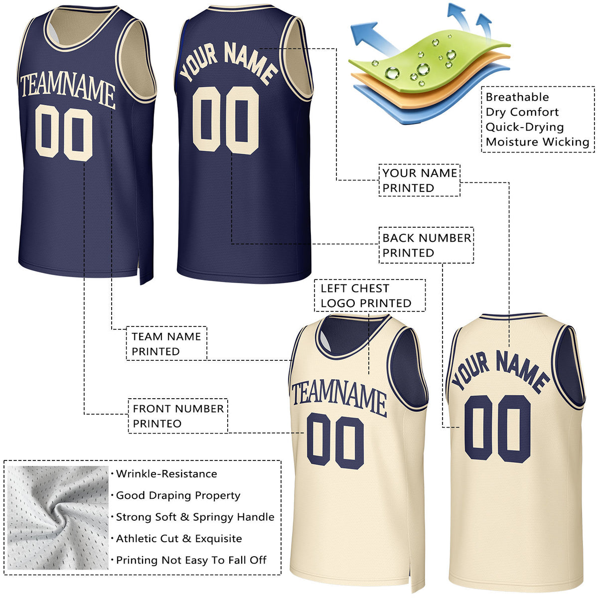Custom Navy & Cream Reversible Basketball Jersey | Personalized Team Uniform Top