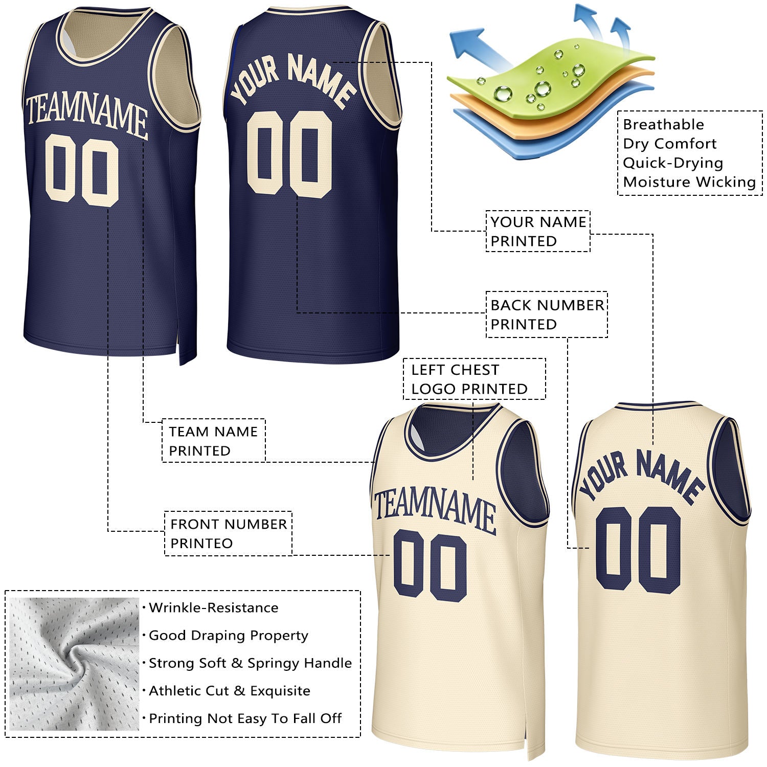 Custom Navy & Cream Reversible Basketball Jersey | Personalized Team Uniform Top