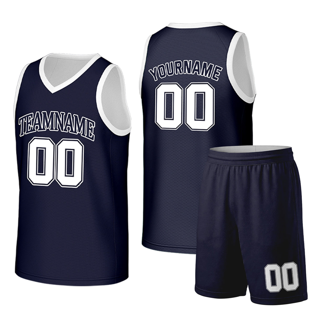 Custom navy and white basketball uniform set by Vosoli. Personalized team name, player name, number and logo. Breathable mesh jersey and shorts for high school, college and AAU teams.