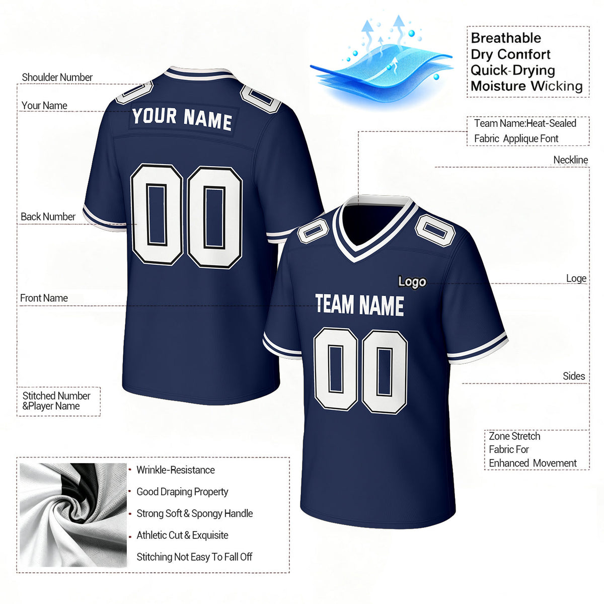 Custom Navy & White Football Jersey | Personalized Football Team Uniform Top