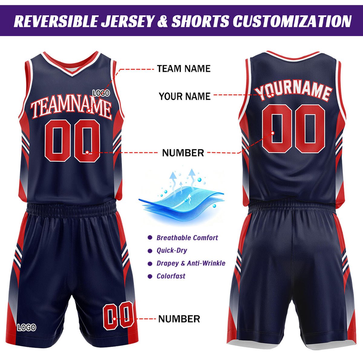 Custom Navy & White Reversible Basketball Uniform Set | Personalized Team Jersey Kit