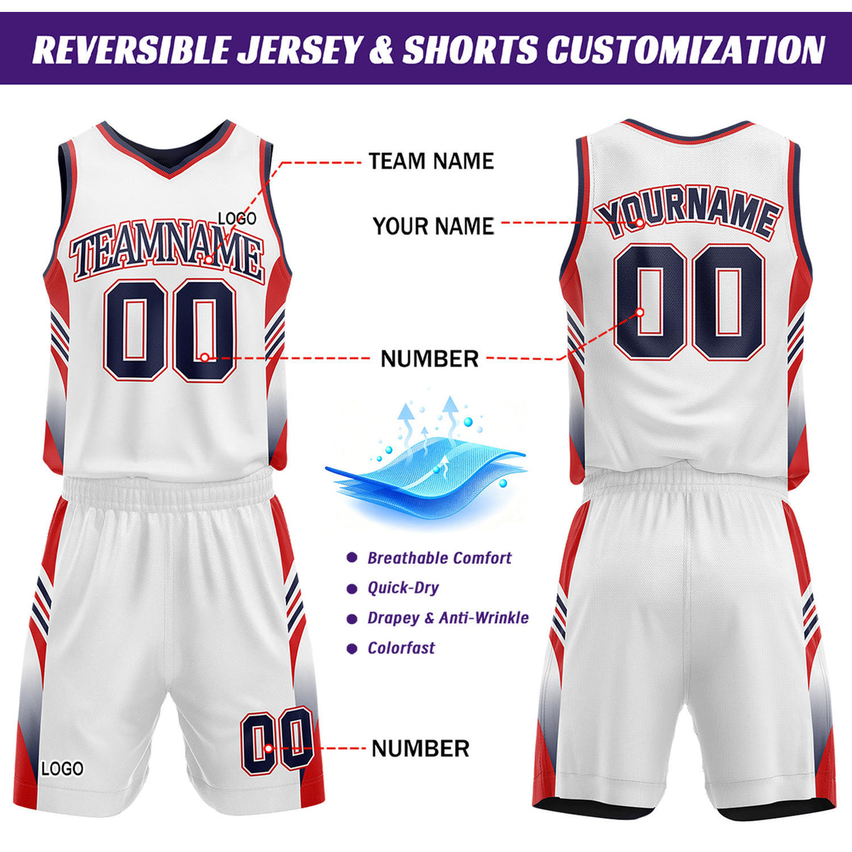Custom Navy & White Reversible Basketball Uniform Set | Personalized Team Jersey Kit