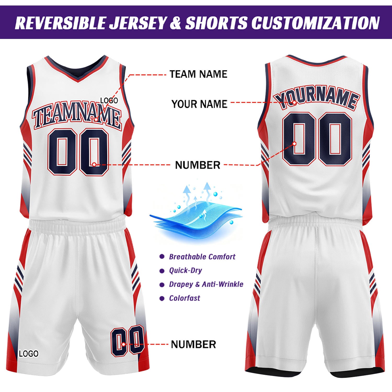 Custom Navy & White Reversible Basketball Uniform Set | Personalized Team Jersey Kit