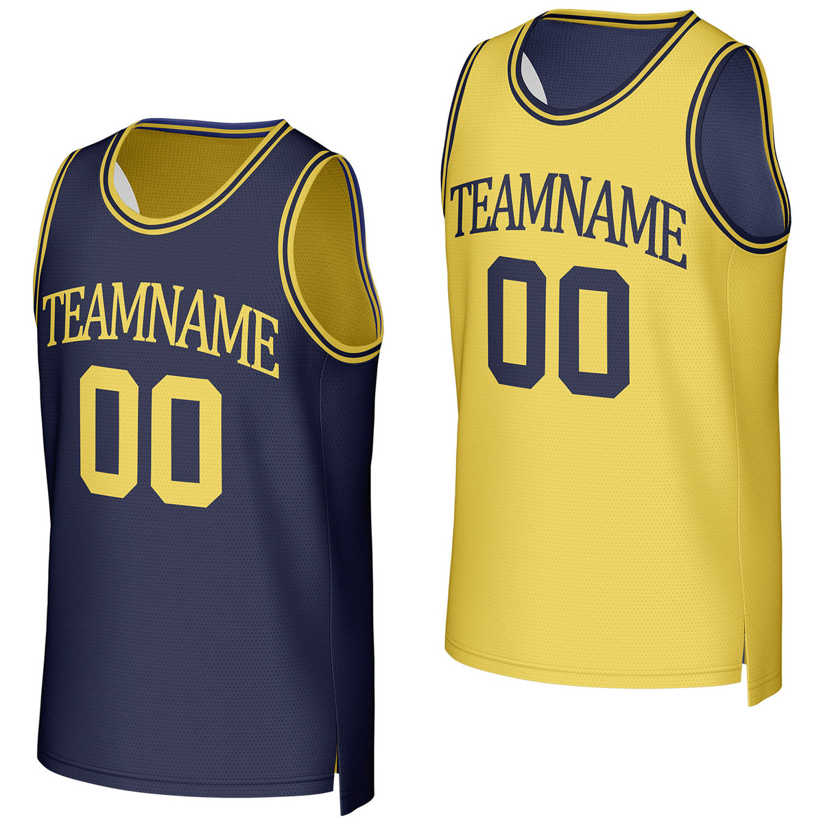 Custom navy &amp; yellow reversible basketball jersey by Vosoli. Personalized with team name, number, and logo. Breathable mesh jersey for high school, college, AAU teams.