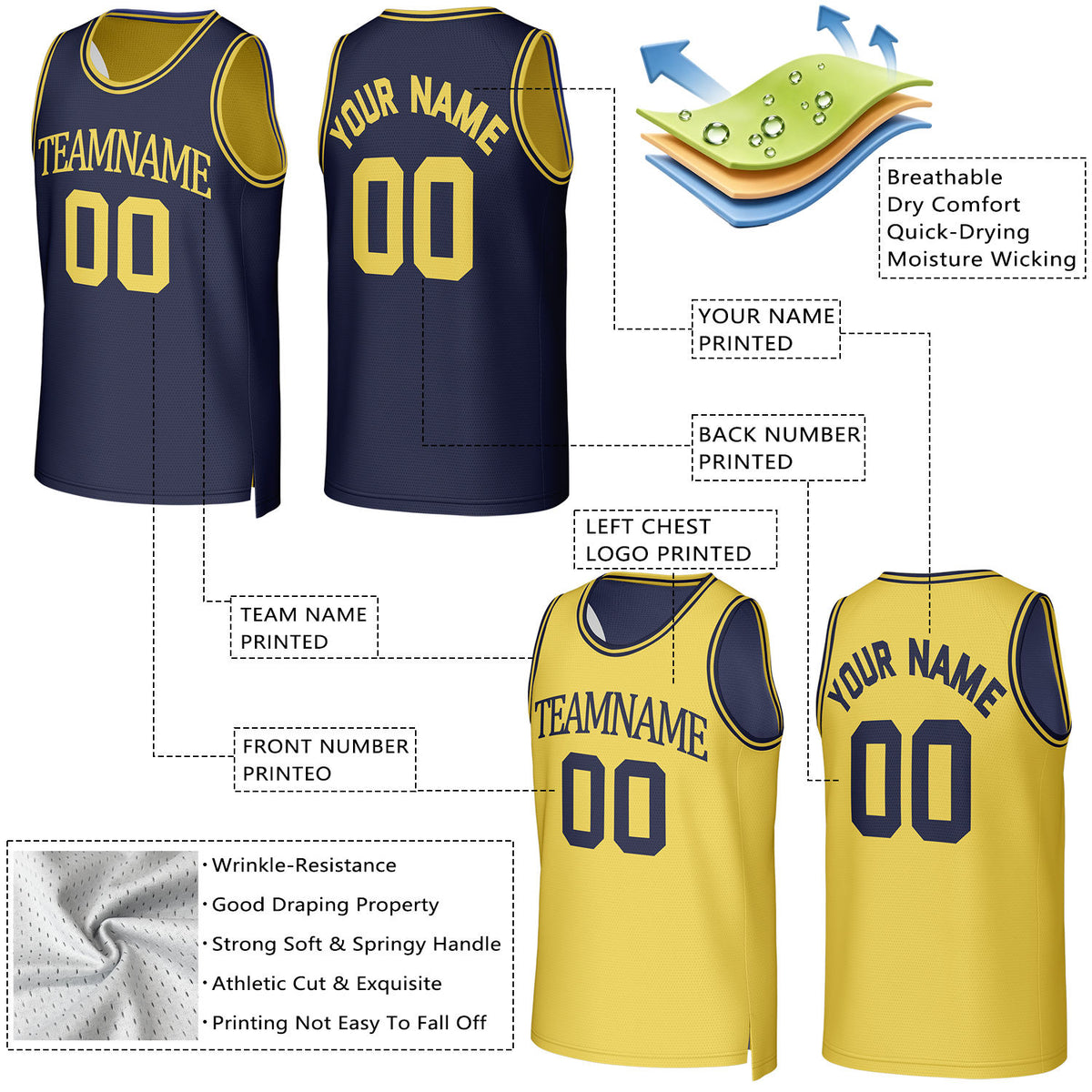 Custom Navy & Yellow Reversible Basketball Jersey | Personalized Team Uniform Top