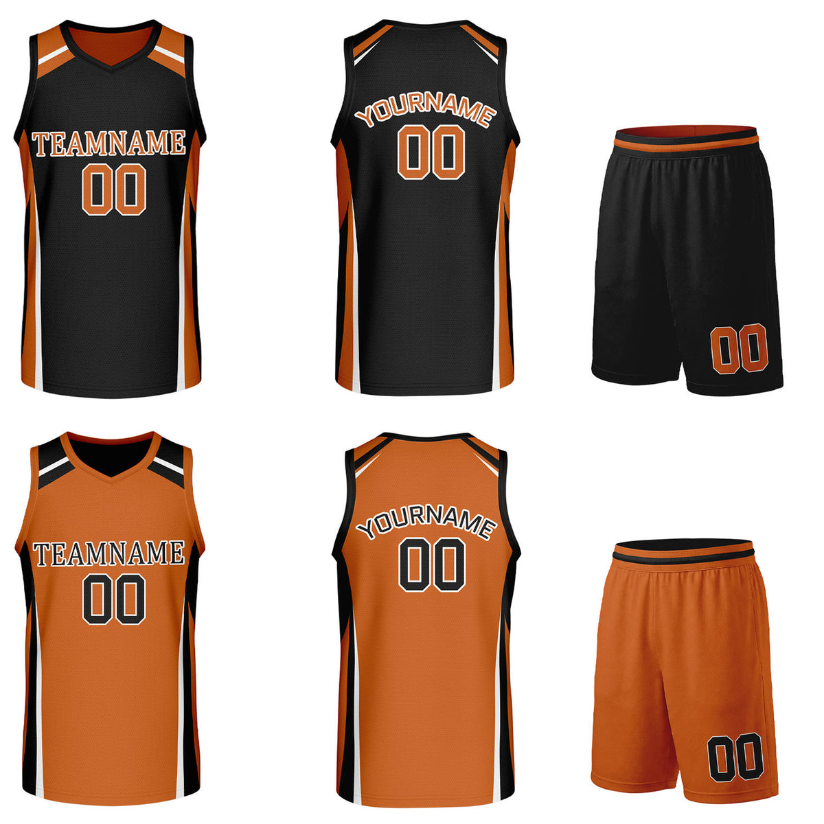 Custom orange and black reversible basketball uniform by Vosoli. Personalized with team name, number, and logo. Breathable mesh jersey and shorts for high school, college, and AAU teams.