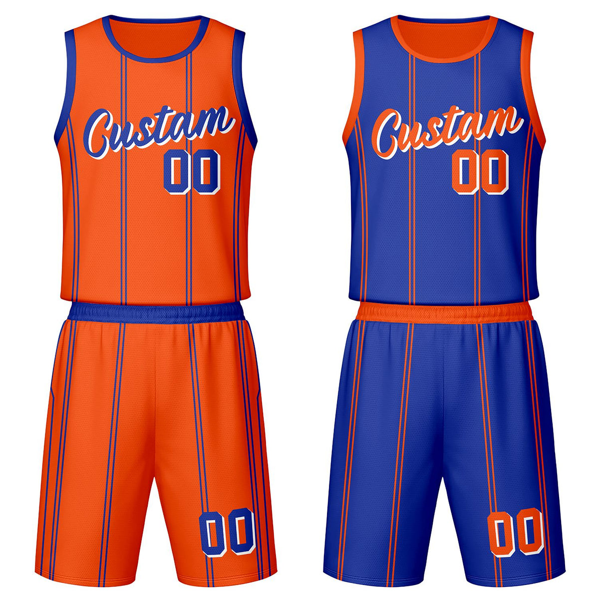 Custom orange & blue vertical‑stripe reversible basketball jersey set with shorts by Vosoli | Personalized team name, number & logo | Breathable mesh sport jersey uniform