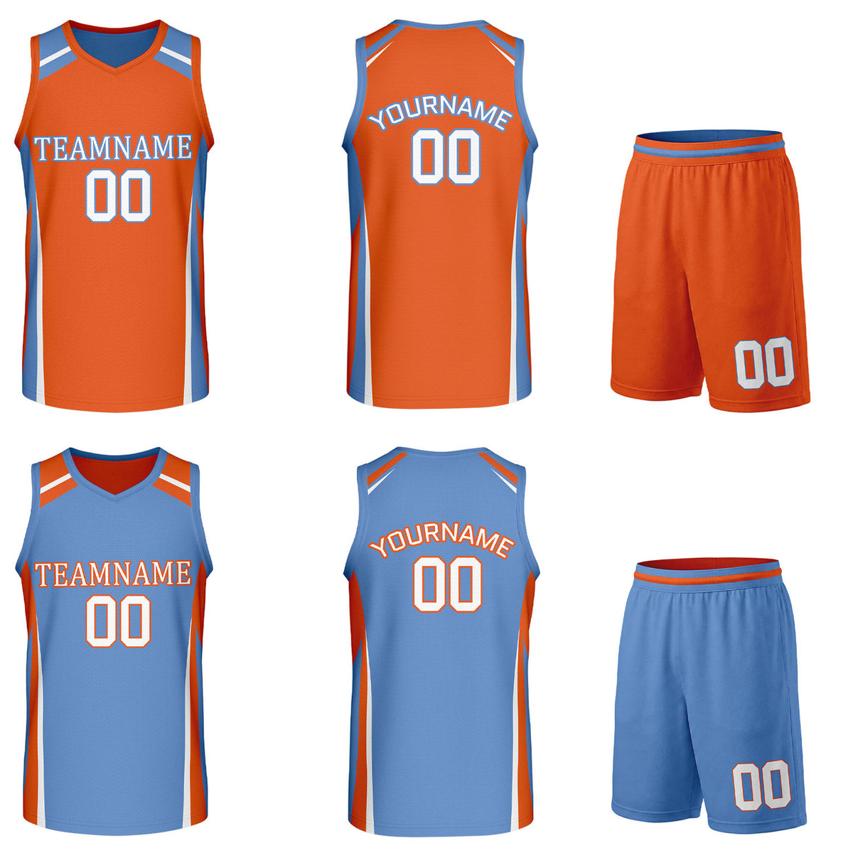Custom orange and light blue reversible basketball uniform by Vosoli. Personalized with team name, number, and logo. Breathable mesh jersey and shorts for high school, college, and AAU teams.
