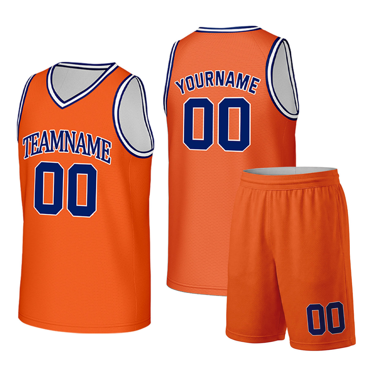 Custom orange and navy basketball uniform set by Vosoli. Personalized team name, player name, number and logo. Breathable mesh jersey and shorts for high school, college and AAU teams.