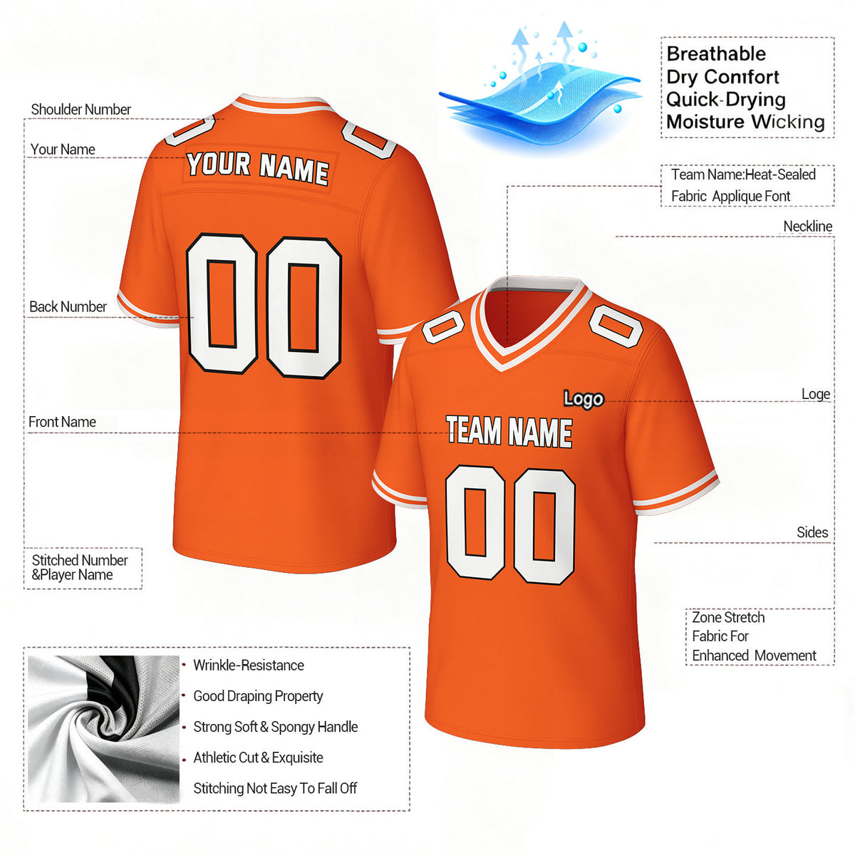 Custom Orange & White Football Jersey | Personalized Football Team Uniform Top