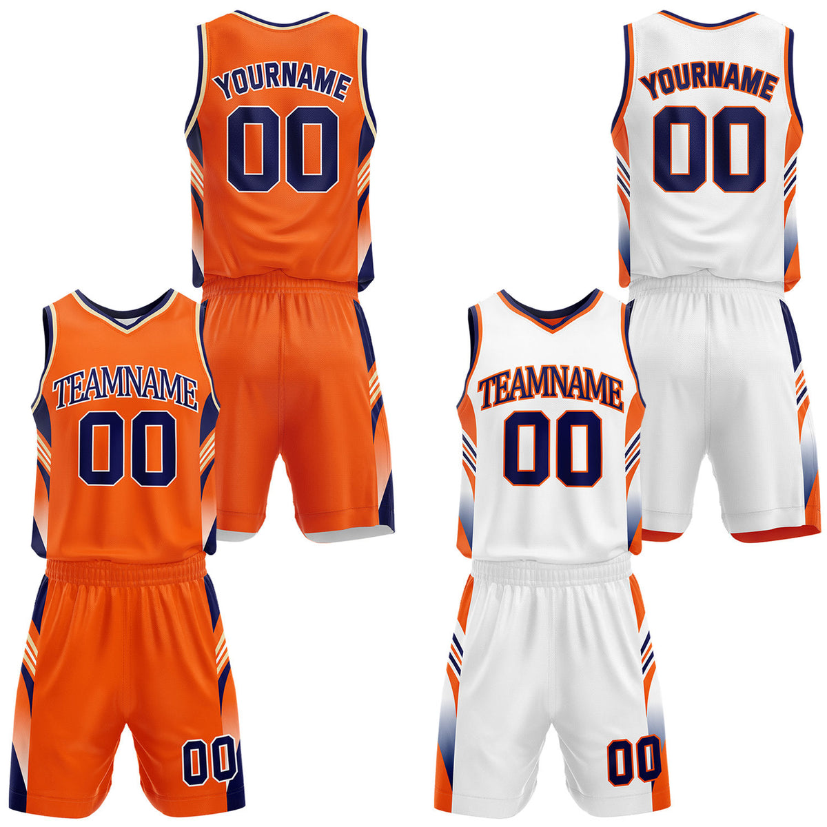 Custom orange and white reversible basketball uniform by Vosoli. Personalized with team name, number, and logo. Breathable mesh jersey and shorts for high school, college, AAU teams.