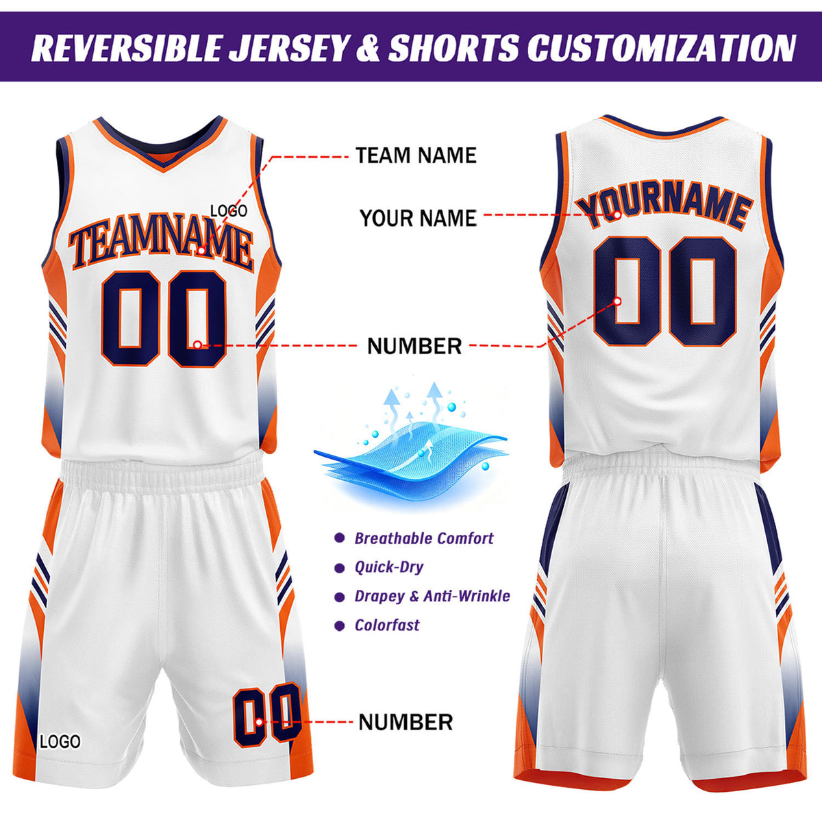 Custom Orange & White Reversible Basketball Uniform Set | Personalized Team Jersey Kit