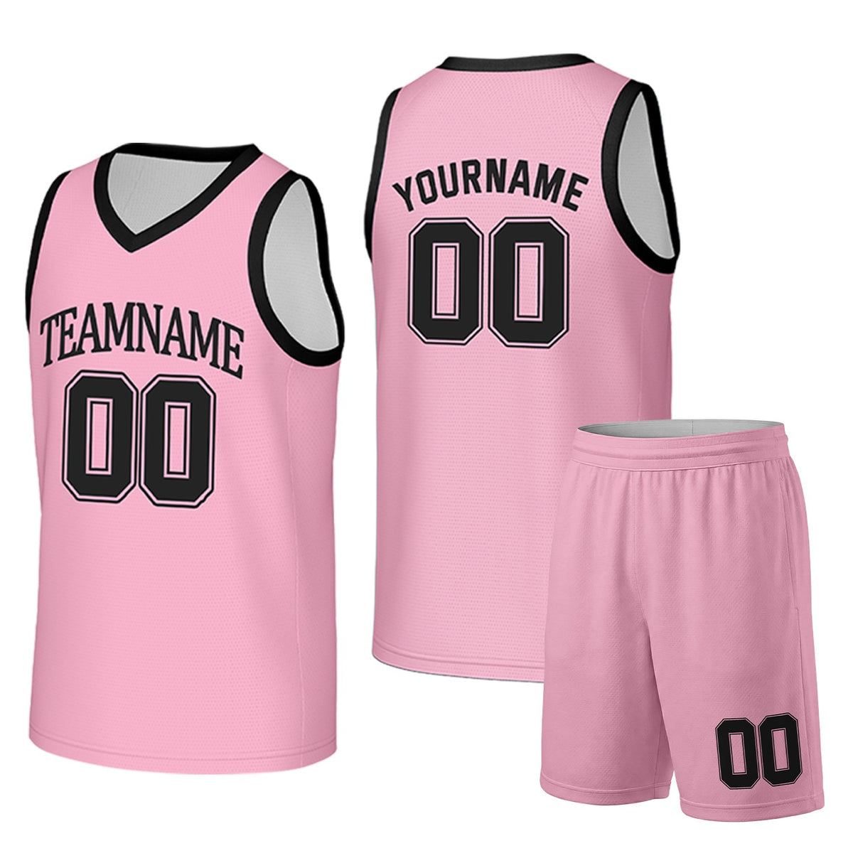 Custom pink and black basketball uniform set by Vosoli. Personalized team name, player name, number and logo. Breathable mesh jersey and shorts for high school, college and AAU teams.