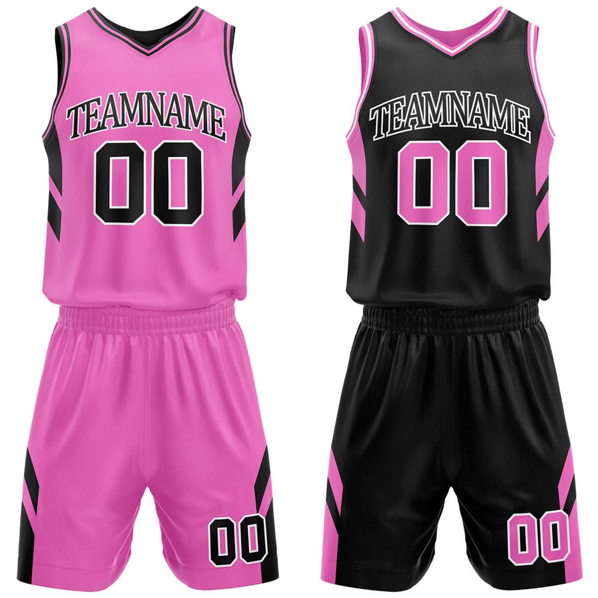 Custom pink and black reversible basketball uniform by Vosoli. Personalized with team name, number, and logo. Breathable mesh jersey and shorts for high school, college, and AAU teams.