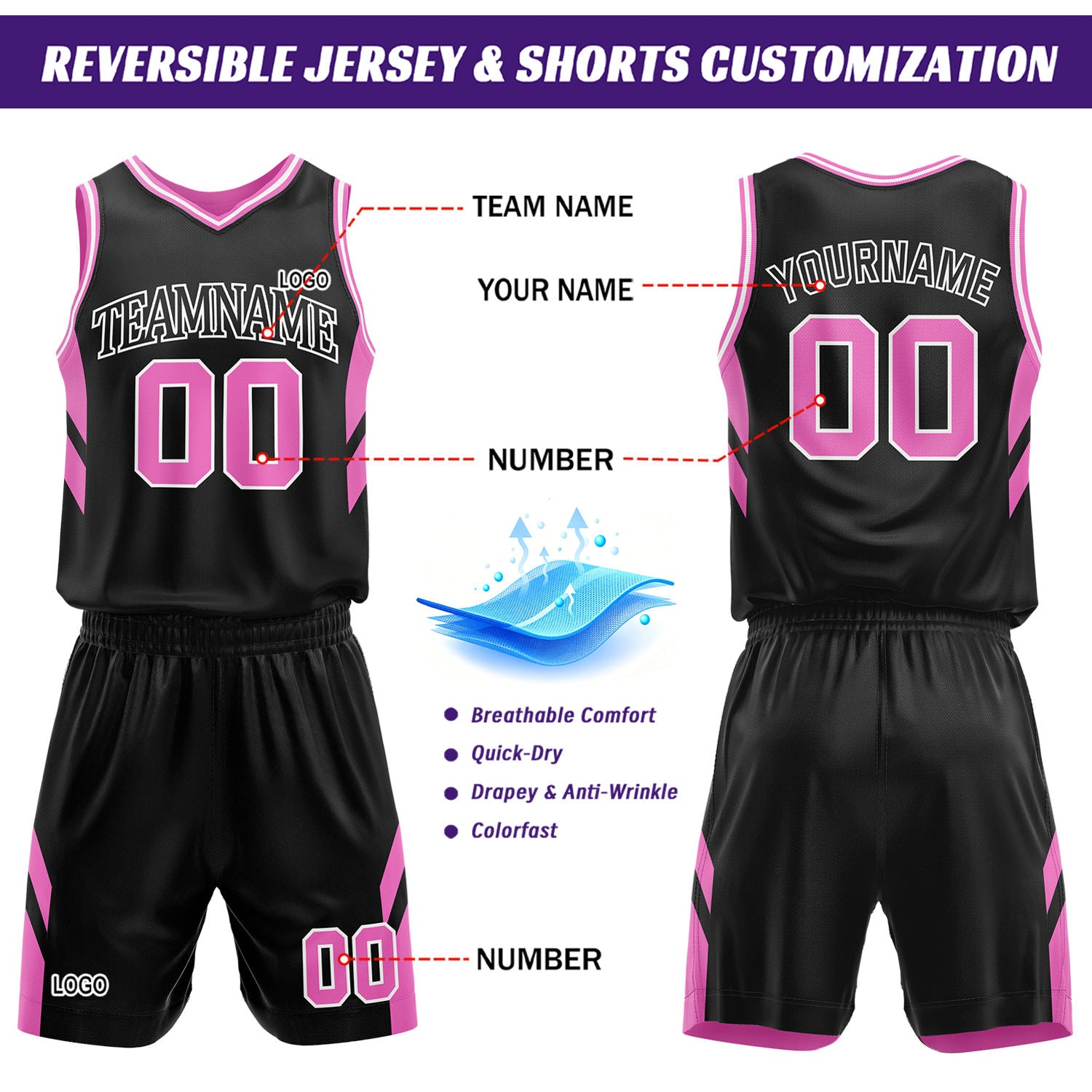 Custom Pink & Black Reversible Basketball Uniform Set, Personalized Printed Name Number Jersey & Shorts for Adult & Youth