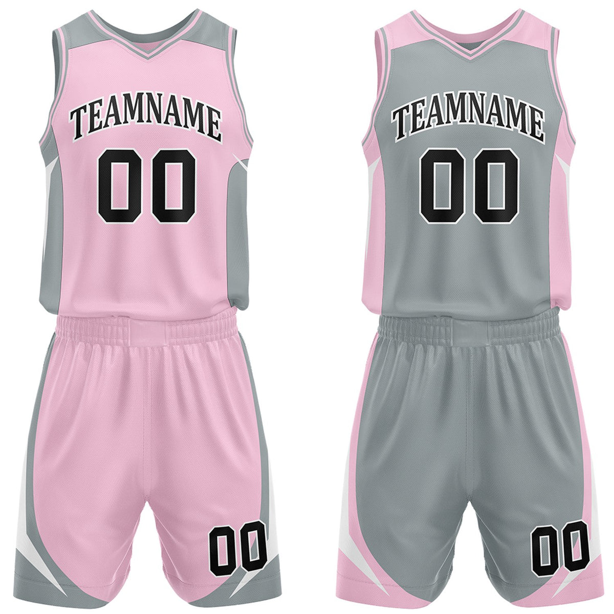Custom pink and gray reversible basketball uniform by Vosoli. Personalized with team name, number, and logo. Breathable mesh jersey and shorts for high school, college, and AAU teams.