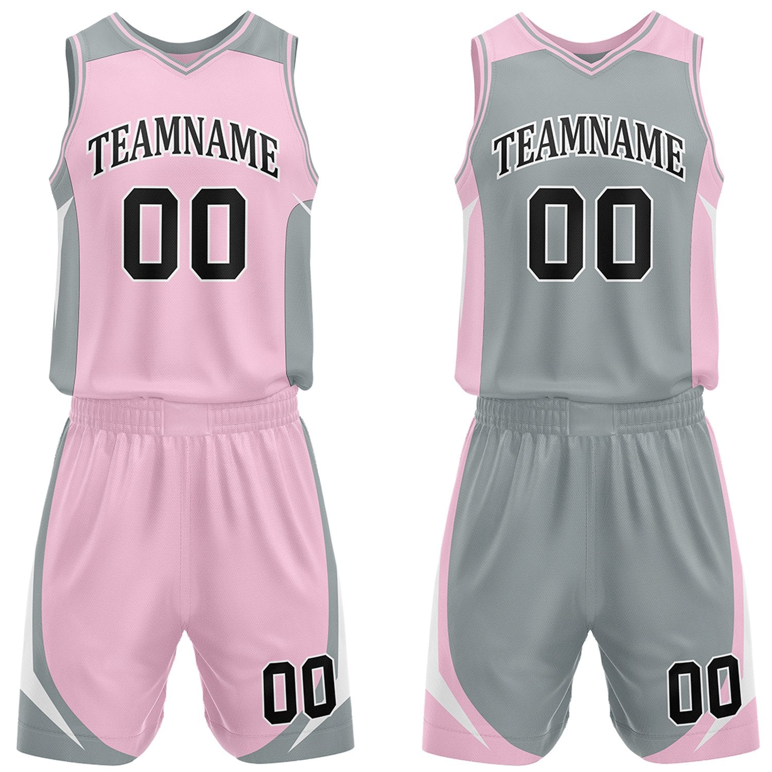 Custom pink and gray reversible basketball uniform by Vosoli. Personalized with team name, number, and logo. Breathable mesh jersey and shorts for high school, college, and AAU teams.
