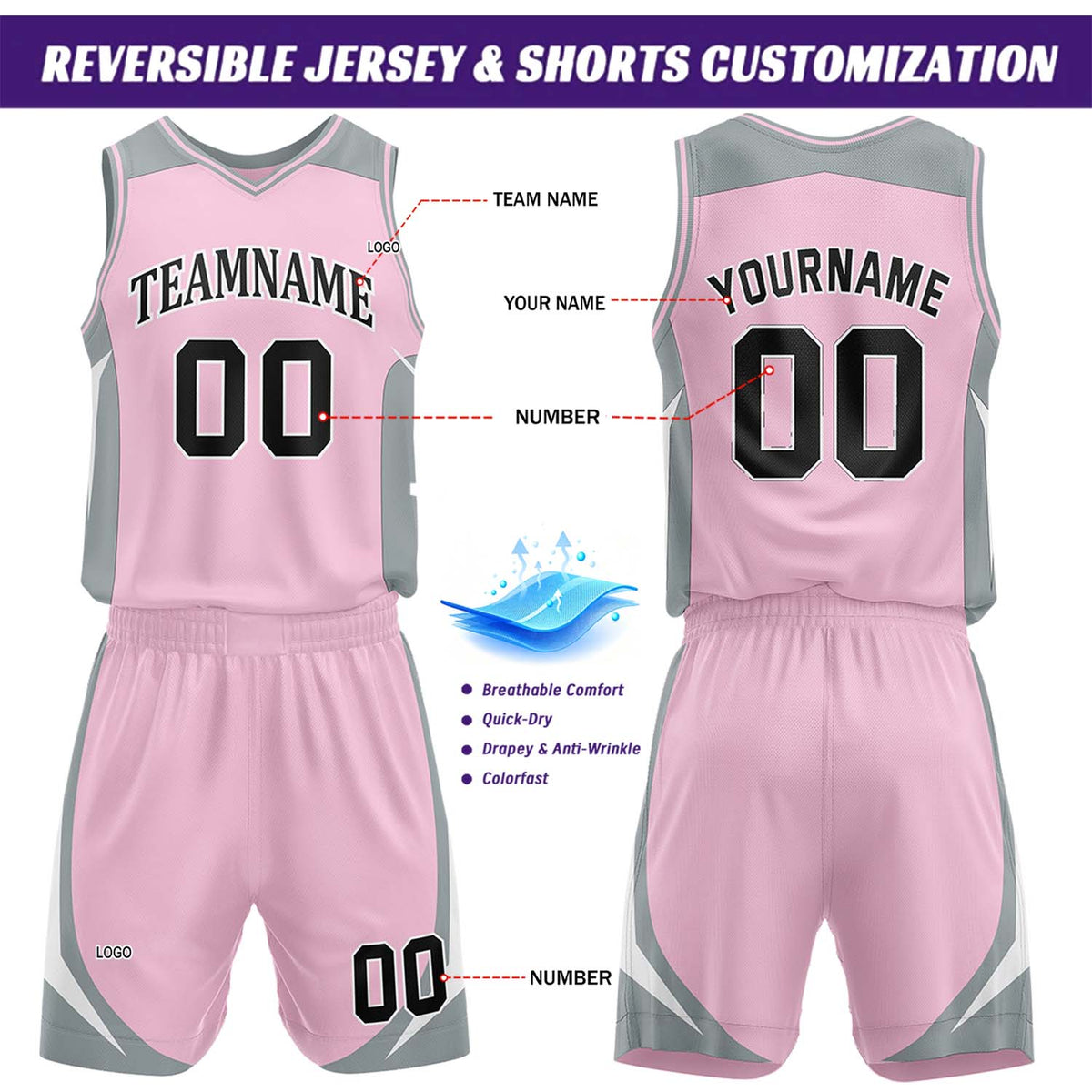Custom Pink & Gray Reversible Basketball Jersey Short Set | Personalized Team Uniforms Set for Adult Youth