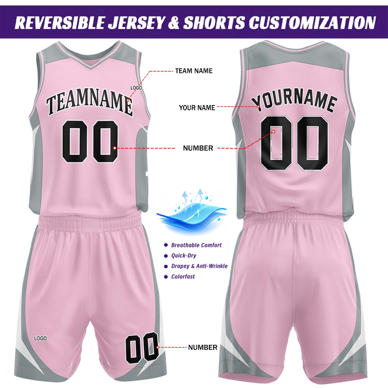 Custom Pink & Gray Reversible Basketball Jersey Short Set | Personalized Team Uniforms Set for Adult Youth