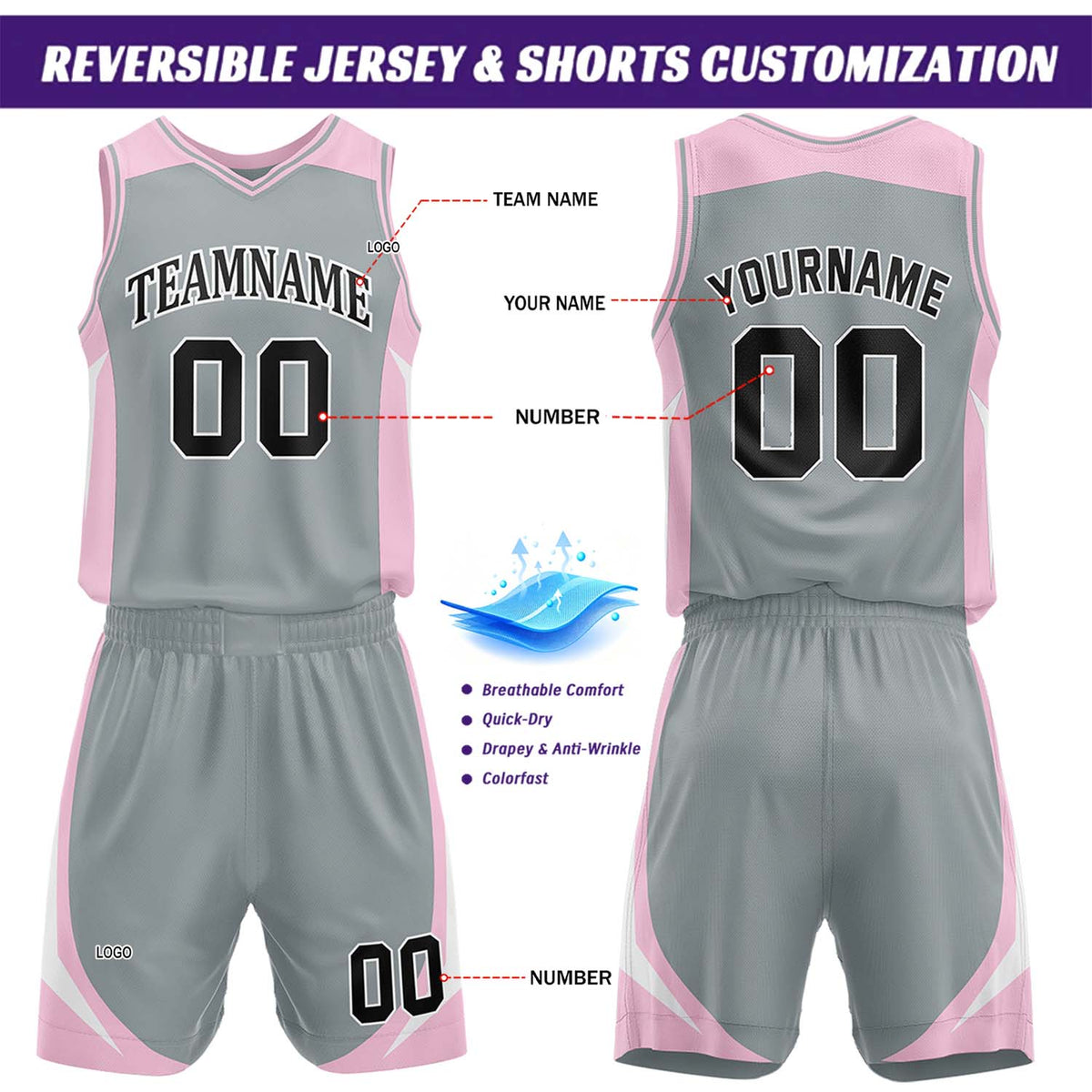 Custom Pink & Gray Reversible Basketball Jersey Short Set | Personalized Team Uniforms Set for Adult Youth