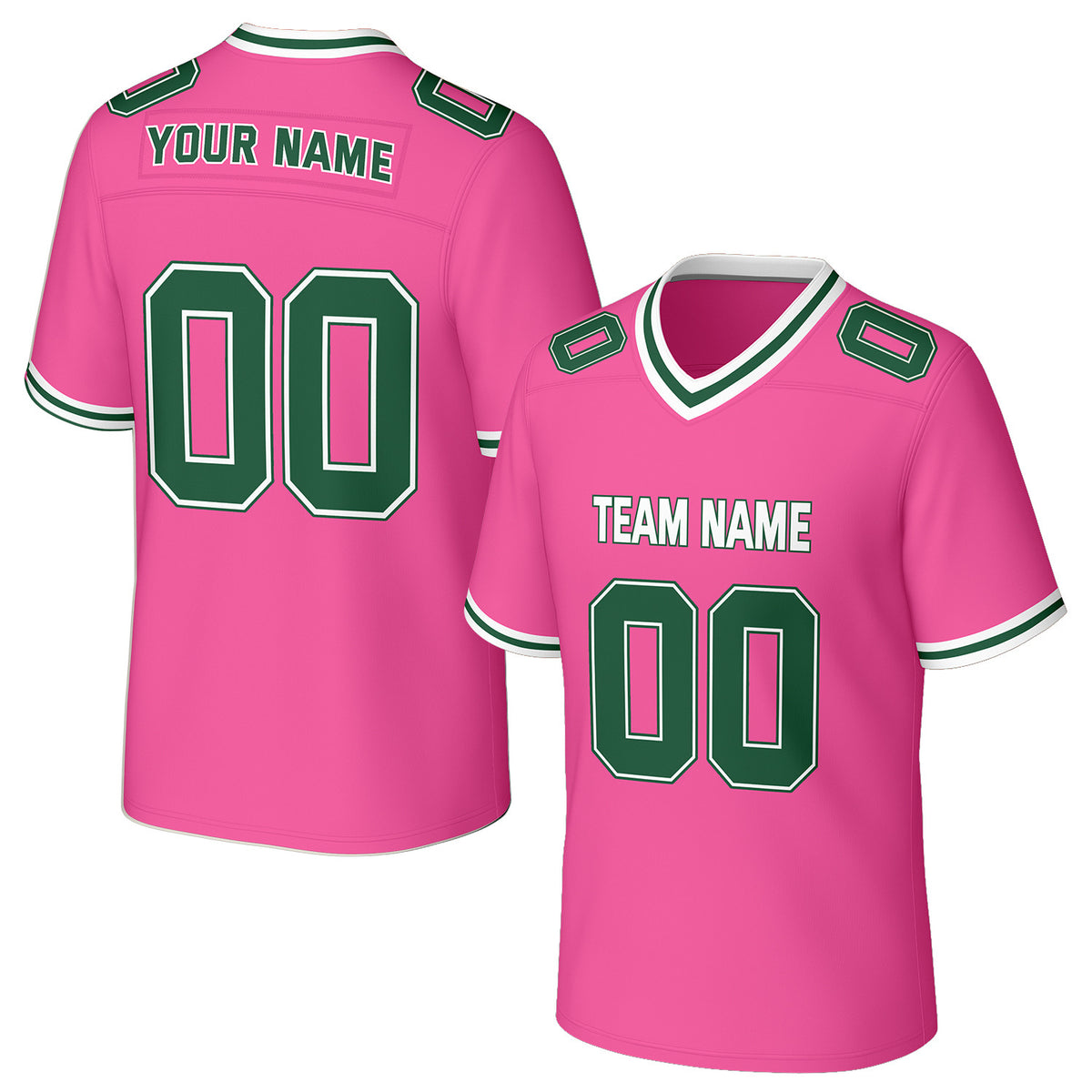 Custom pink &amp; green football jersey by Vosoli. Personalized with team name, number, and logo. Breathable mesh jersey for high school, college, football teams.