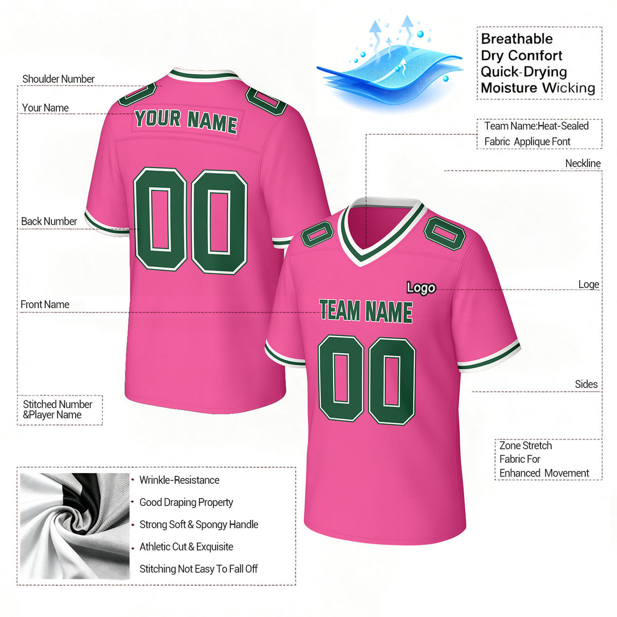 Custom Pink & Green Football Jersey | Personalized Football Team Uniform Top