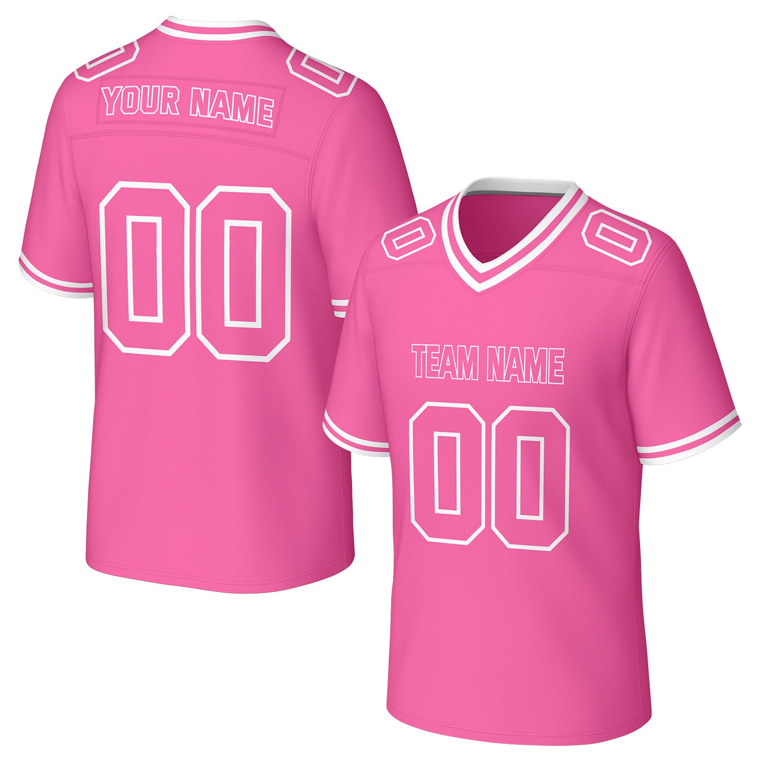 Custom pink & white football jersey by Vosoli. Personalized with team name, number, and logo. Breathable mesh jersey for high school, college, football teams.