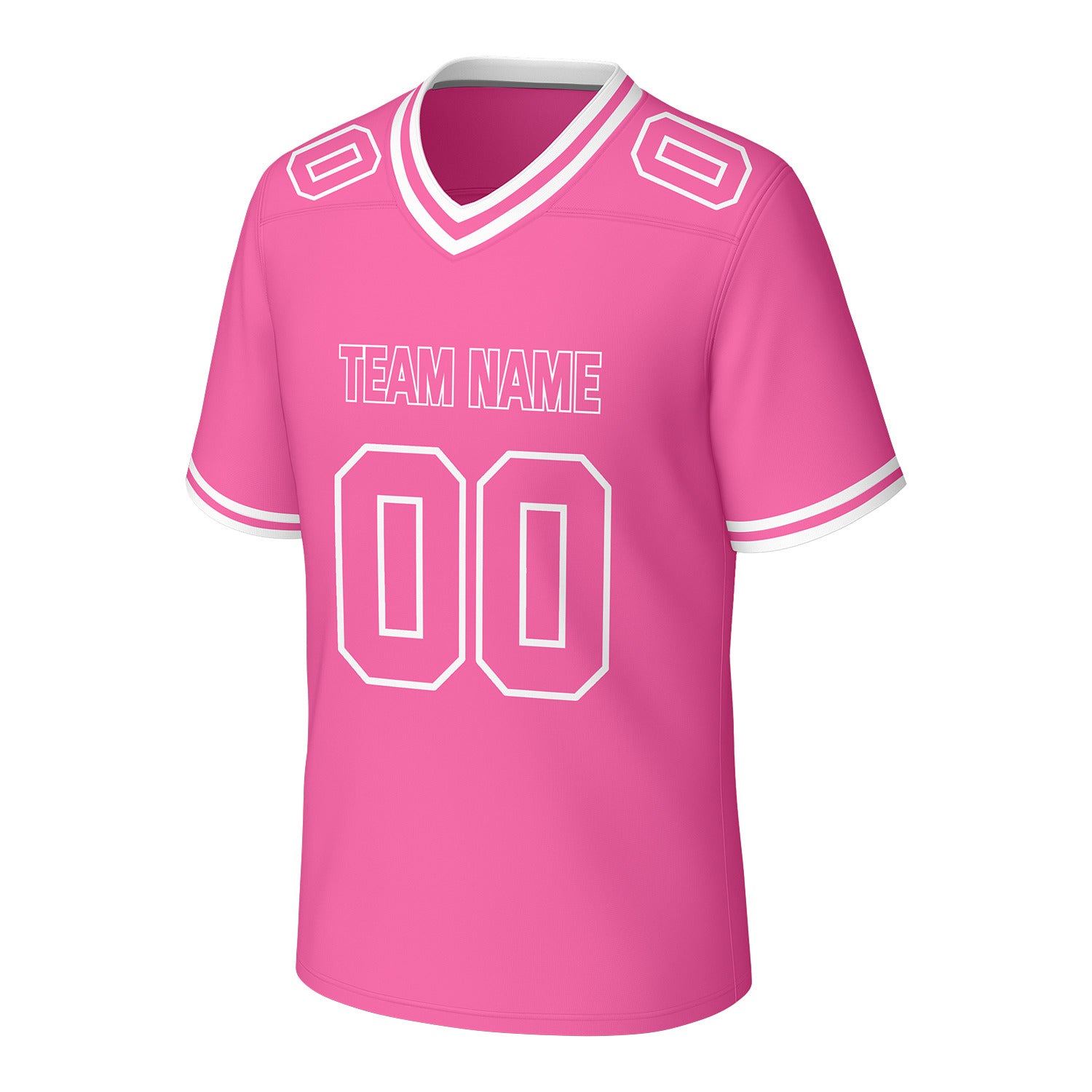 Custom pink & white football jersey by Vosoli. Personalized with team name, number, and logo. Breathable mesh jersey for high school, college, football teams.