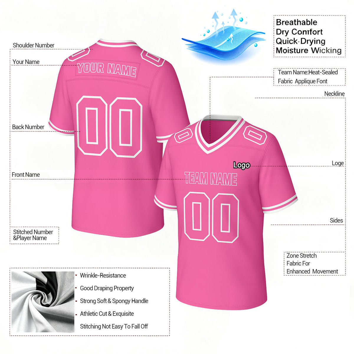 Custom Pink & White Football Jersey | Personalized Football Team Uniform Top