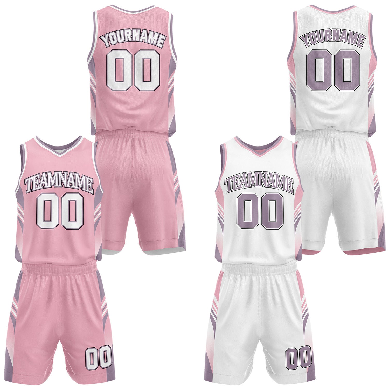 Custom pink and white reversible basketball uniform by Vosoli. Personalized with team name, number, and logo. Breathable mesh jersey and shorts for high school, college, AAU teams.