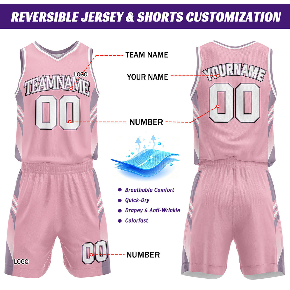 Custom Pink & White Reversible Basketball Uniform Set | Personalized Team Jersey Kit