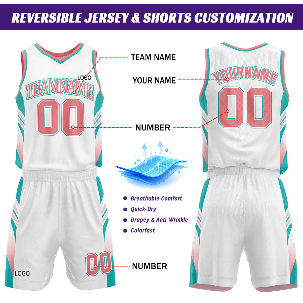 Custom Pink & White Reversible Basketball Uniform Set | Personalized Team Jersey Kit